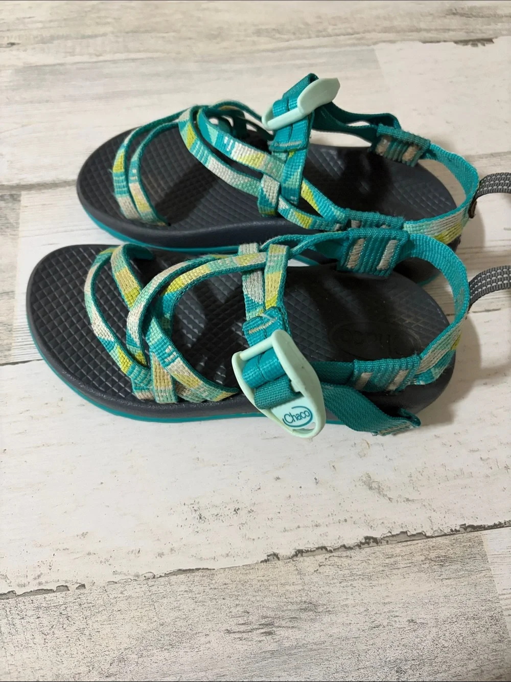Chaco Teal, Yellow & Cream Strappy Sandals Size 12